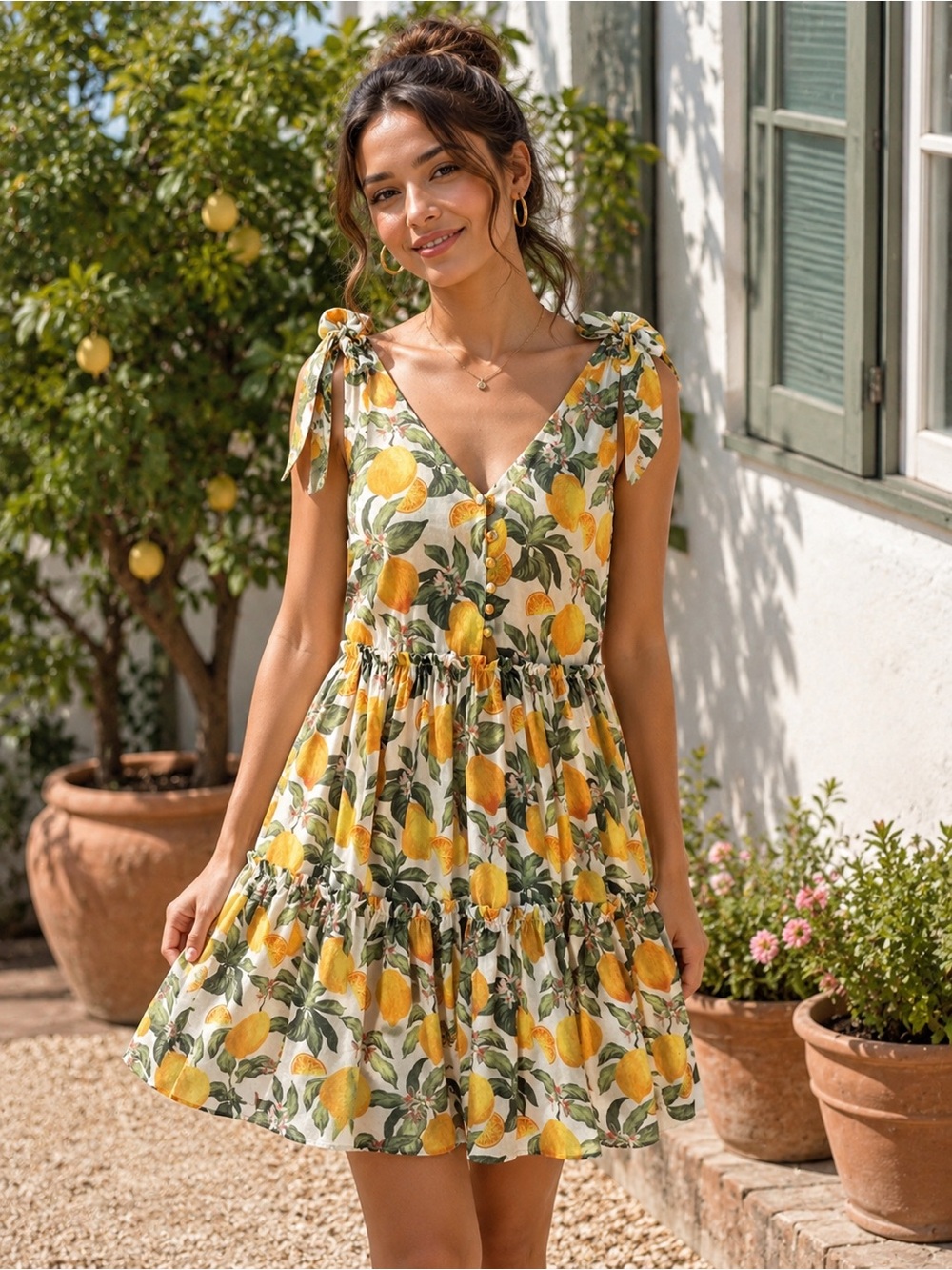 English Factory Lemon Floral Printed Tie Shoulder Tiered Ruffle Dress M Retro